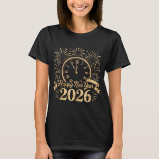 Camiseta Feliz Ano Novo Fita Dourada Estrelas Festivo Ano N
