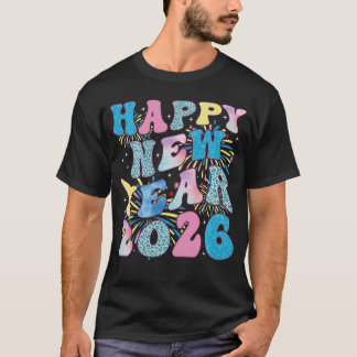 Camiseta Feliz Ano Novo Groovy 2026 Família Correspondente
