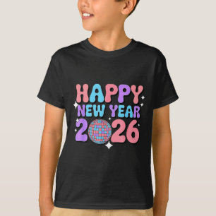 Camiseta Feliz Ano Novo Groovy Fofo 2026 Bola de Disco