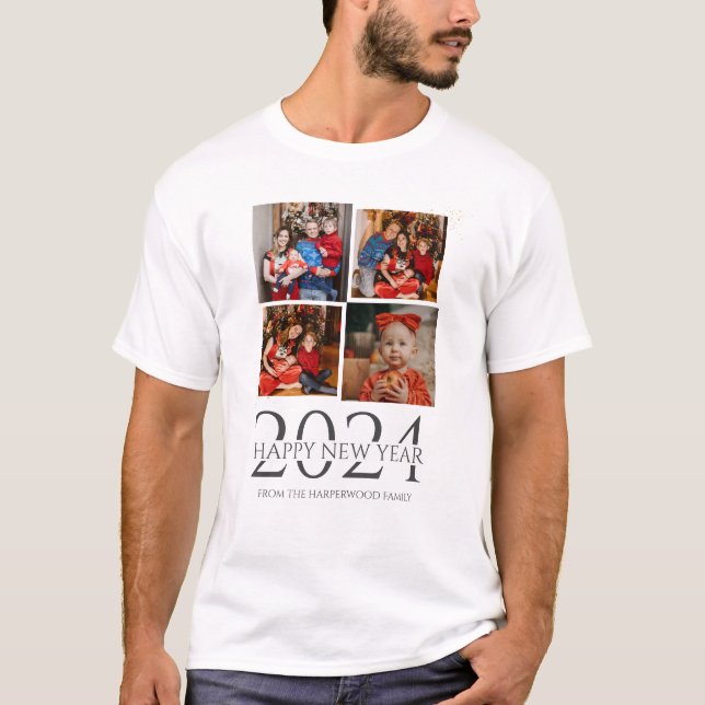 Camiseta Feliz ano novo Moderno Elegante Simples Quatro Fot (Frente)