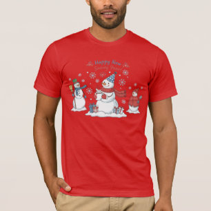 Camiseta Feliz Ano Novo Nevado 2026 Bonecos de Neve Unissex