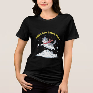 Camiseta Feliz Ano Novo Nevado 2026 Presente de Gato Fofo d