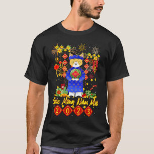 Camiseta Feliz Ano Novo Primavera Quy Mao 2023 Gato em Ao D