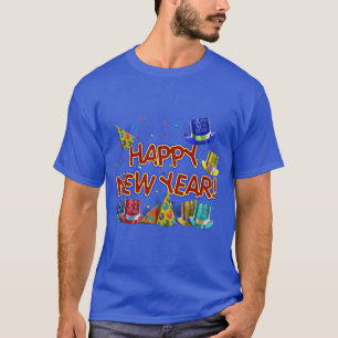 Camiseta Feliz Ano Novo Texto c/ Chapéus de Festa & Confete