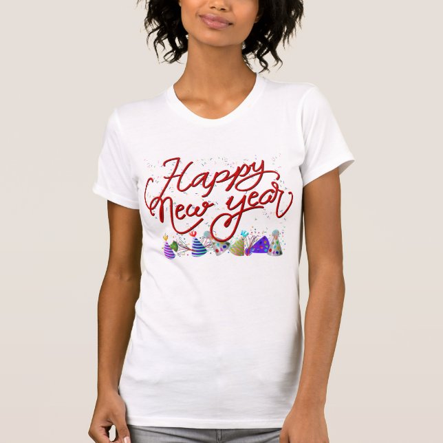 Camiseta Feliz ano novo - Texto Vermelho Divertido Com Conf (Frente)