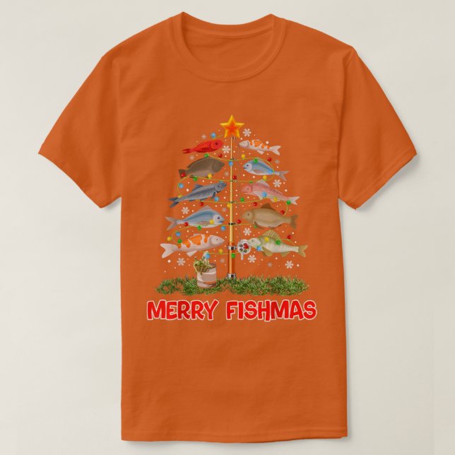 Camiseta Feliz Árvore de Natal de Natal Decado Pesca Fão (Frente do Design)