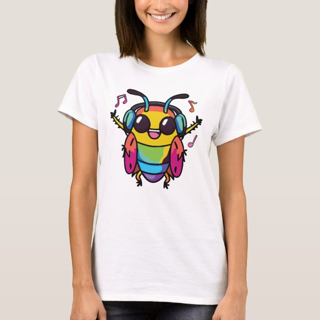 Camiseta Feliz barata com fones de ouvido ouvindo música (Frente)