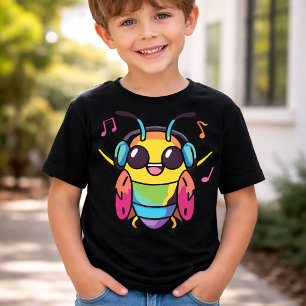 Camiseta Feliz barata com fones de ouvido ouvindo música