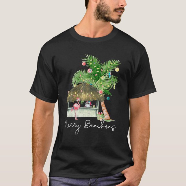 Camiseta Feliz Beachmas Papais noeis de Natal Tropicais Fla (Frente)