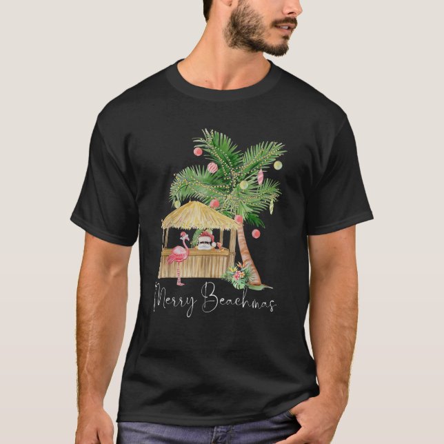Camiseta Feliz Beachmas, Pia-Rosa Flamingo Palm, Árvore Ch (Frente)