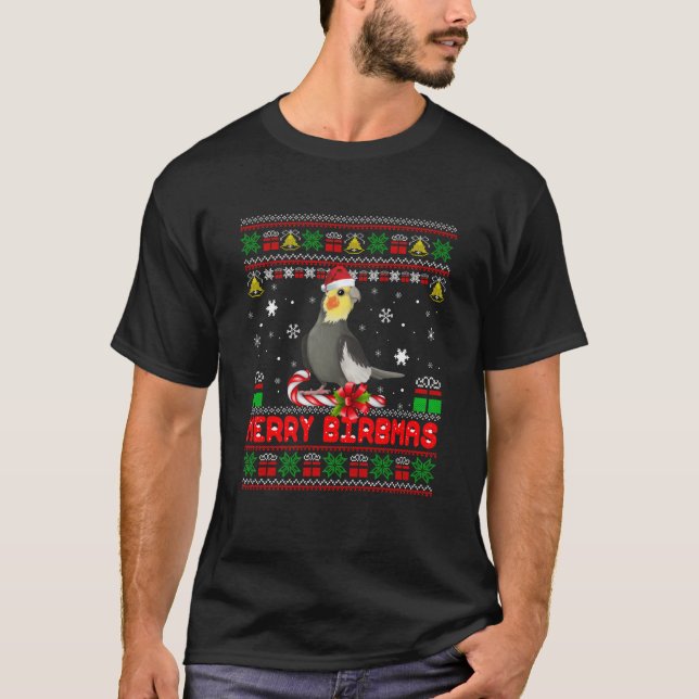 Camiseta Feliz Birbmas Engraçado Cockatiel Pássaro de Natal (Frente)