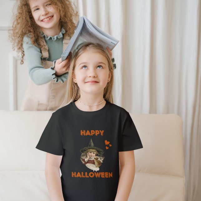 Camiseta Feliz bruxa-vintage do Halloween com gatinhos (Criador carregado)