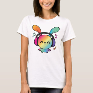 Camiseta Feliz Bunny com fones de ouvido ouvindo música.