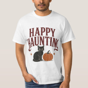 Camiseta Feliz Caça Noturna Design de Gato Preto Vintage de