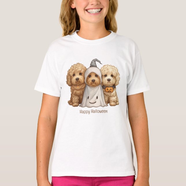 Camiseta Feliz Cachorro de Goldendoodle de Halloween (Frente)