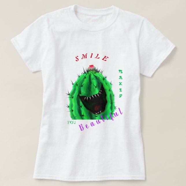 Camiseta Feliz Cactus com Grande Sorriso - Seu Belo Sorriso (Frente do Design)