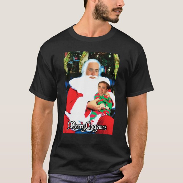 Camiseta Feliz Cagemas Papais noeis Knee Nicolas Cage Natal (Frente)