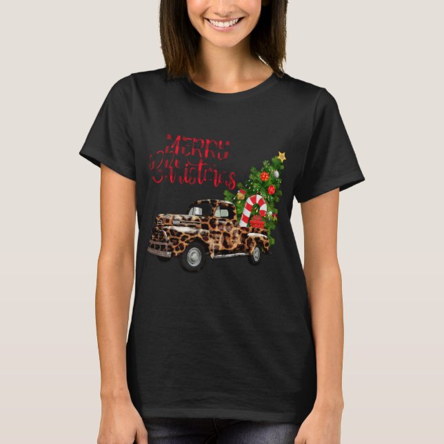 Camiseta Feliz Caminhão Leopardo de Natal com Árvore (Frente)