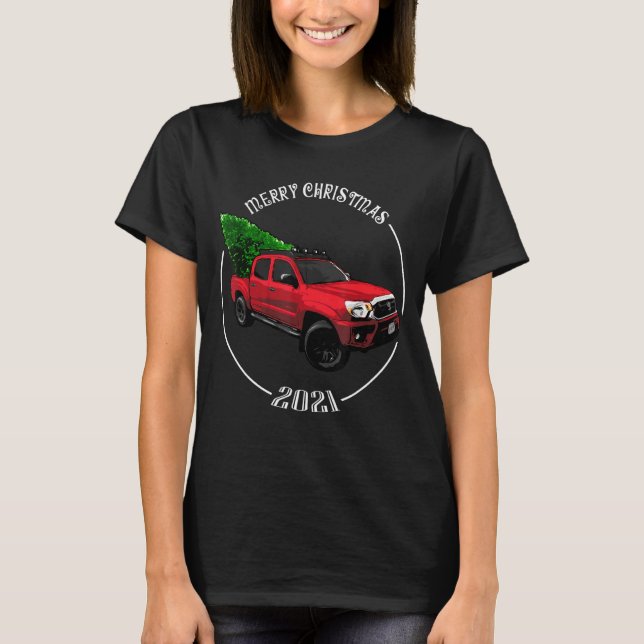 Camiseta Feliz Caminhão Vermelho De Natal Com Árvore Xmas P (Frente)
