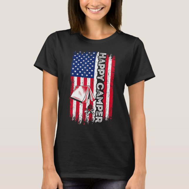 Camiseta Feliz Camper American Flag Acampando Caminhando So (Frente)