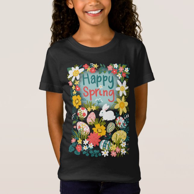 Camiseta Feliz campo de flores de caça a ovos da Páscoa Pri (Frente)