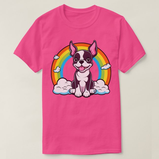 Camiseta Feliz Cão Cachorro-Arco-Íris Cujo Terrier Boston C (Frente do Design)