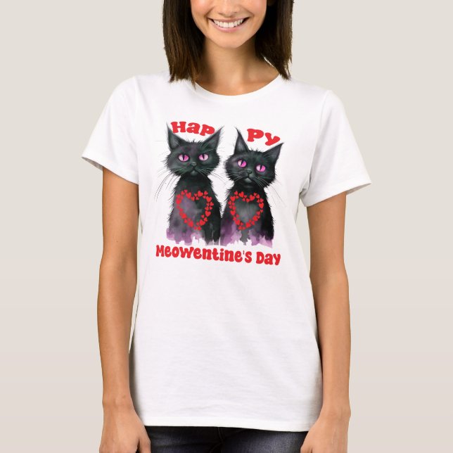 Camiseta Feliz Casal de Gato Bonito do Dia de Meowentine no (Frente)