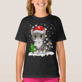 Camiseta Feliz Cat Santa Hat Feliz Natal Luzes de Árvore