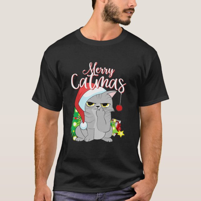 Camiseta Feliz Catmas Cinza de Papai Noel Feliz Natal (Frente)