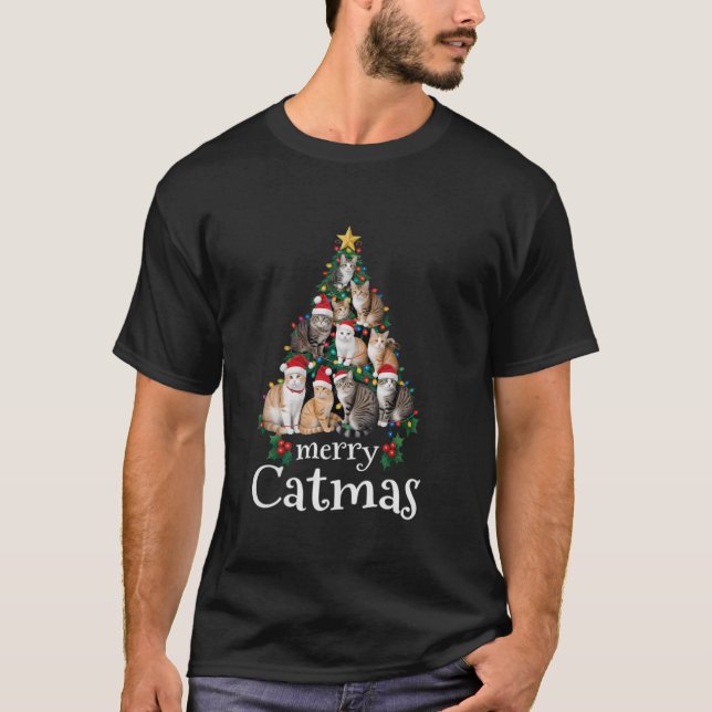 Camiseta Feliz Catmas Engraçado Gato Mãe Pai Árvore de Nata (Frente)