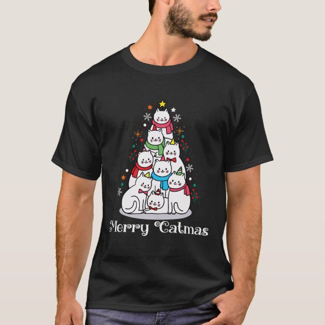 Camiseta Feliz Catmas Engraçado Gatos Engraçados Sobre Árvo (Frente)