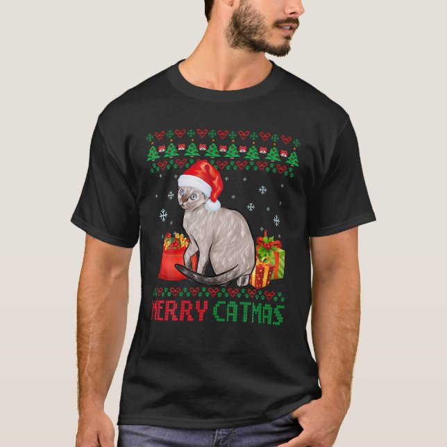 Camiseta Feliz Catmas Gato de Natal Feio Devon Rex Mãe Pai (Frente)