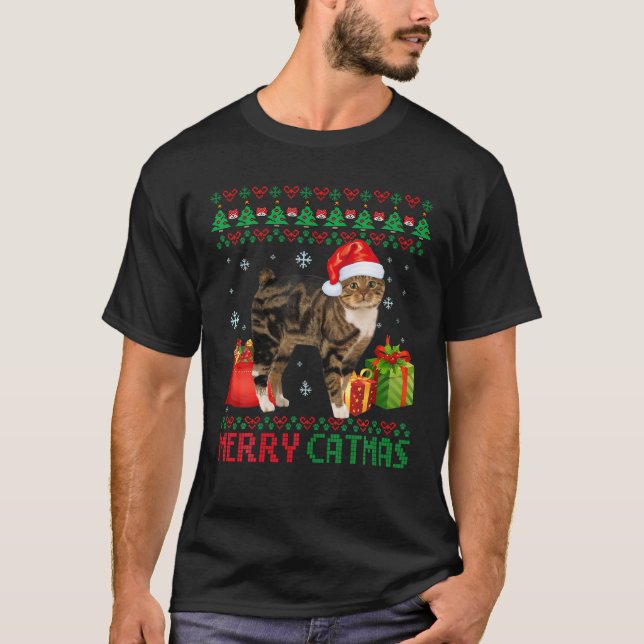 Camiseta Feliz Catmas Gato de Natal Feio Manx Catar Pai da  (Frente)
