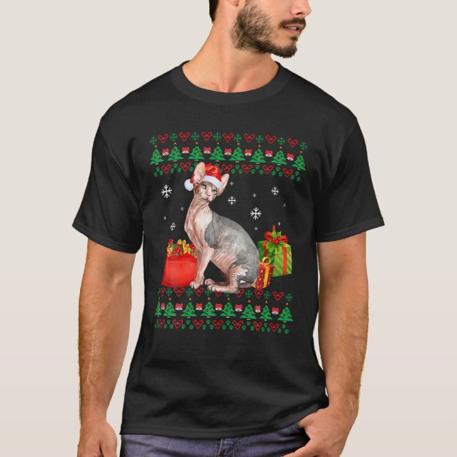 Camiseta Feliz Catmas Gato de Natal Feio Sphynx Pai Mãe (Frente)