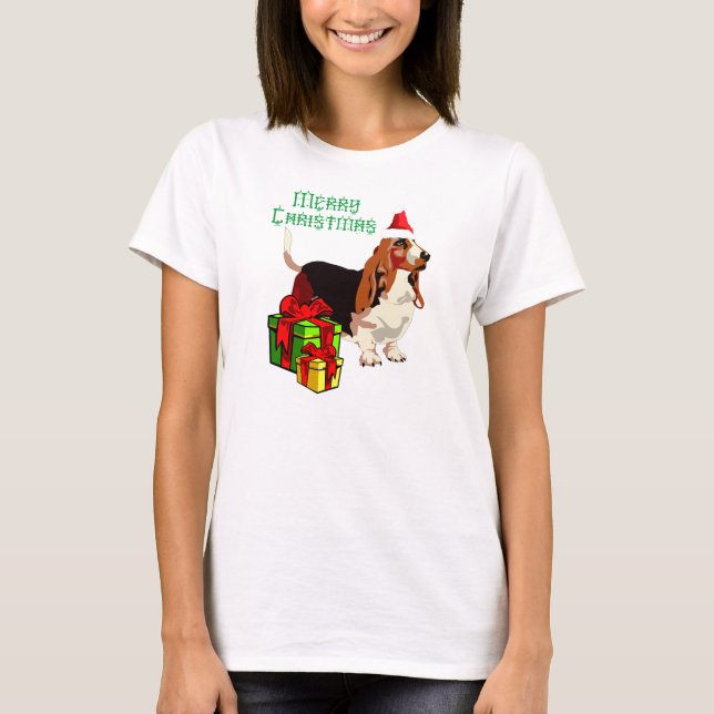 Camiseta Feliz Cesto de Natal com Roupa de Presentes (Frente)