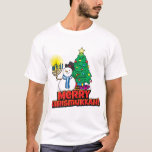 Camiseta Feliz Chrismukkah Snowman Menorah e nome personali<br><div class="desc">Feliz divertida Chrismukkah com um boneco de neve segurando um menorah na frente de uma árvore de Natal em branco. Na parte de trás está um texto divertido que você pode excluir ou alterar para qualquer coisa que funcione para você. Se você misturar as festas, ou você conhece alguém que...</div>