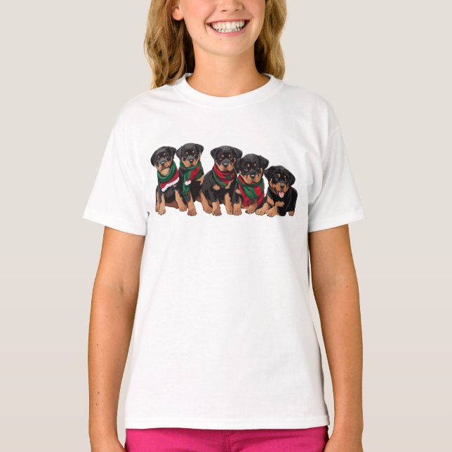 Camiseta Feliz Chrismutts Rottweiler Puppies Vestindo Scarf (Frente)