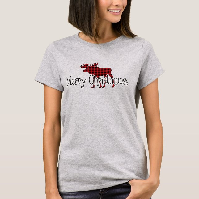 Camiseta Feliz Christmoose Red, Xadrez de Buffalo Negro (Frente)