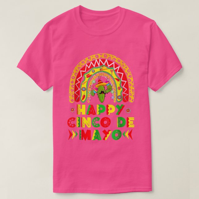 Camiseta Feliz Cinco De Mayo Rainbow Guitar Cactus Sombrero (Frente do Design)