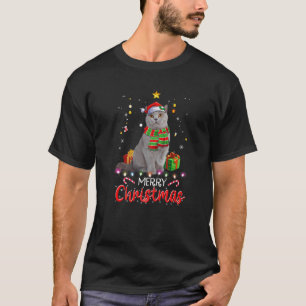 Camiseta Feliz Cinza de Natal Cat Santa Hat Tree Lights Paj