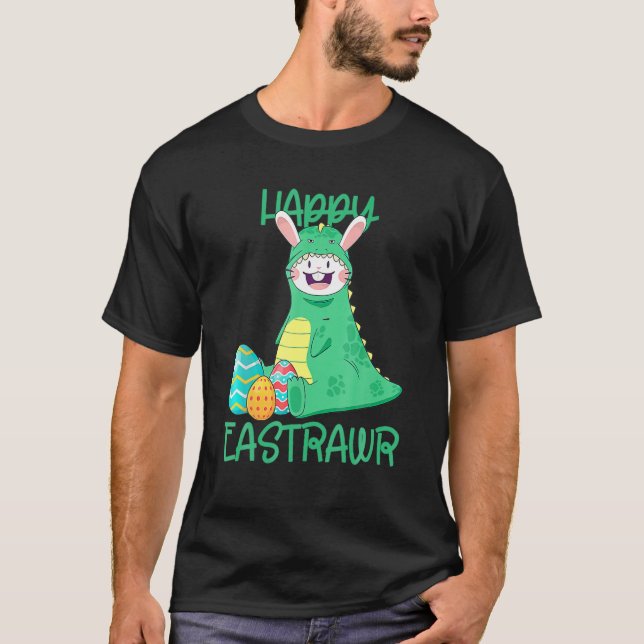 Camiseta Feliz Coelhinho Da Páscoa Com Ovo De Trex Dinossau (Frente)