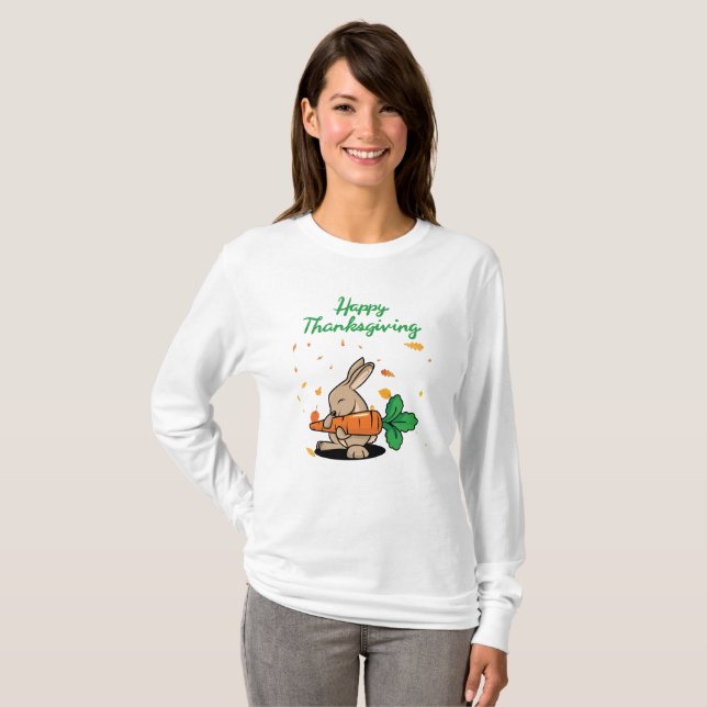 Camiseta Feliz Coelho Engraçado de Ação de Graças Longa (Frente Completa)