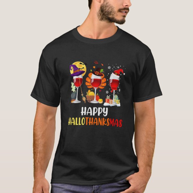 Camiseta Feliz copo de vinho de Hallothanksmas (Frente)