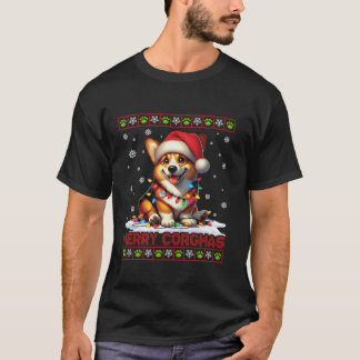 Camiseta Feliz Corgmas Corgi Luzes Santa Hat Natal Feia