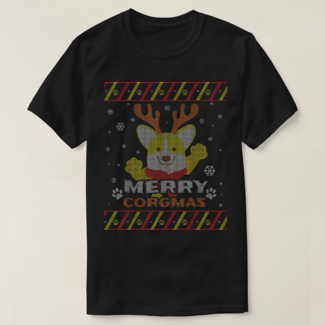 Camiseta Feliz Corgmas Corgi Ugly Christmas Sweater (Frente do Design)