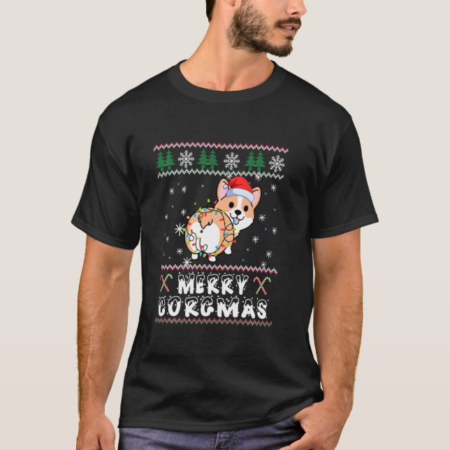 Camiseta Feliz Corgmas Corgi Ugly Christmas Tree Light Sant (Frente)