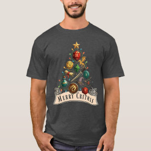 Camiseta Feliz Critmas D20 RPG Dados Árvore de Natal Gamer