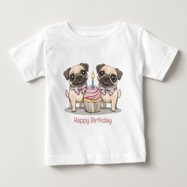 Camiseta Feliz Cupcake de Cães Pug de Aniversário (Frente)