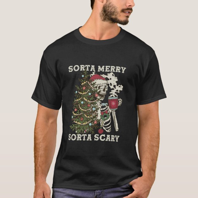 Camiseta Feliz da Rota Sorta Assustadora Natal Esqueleto H (Frente)