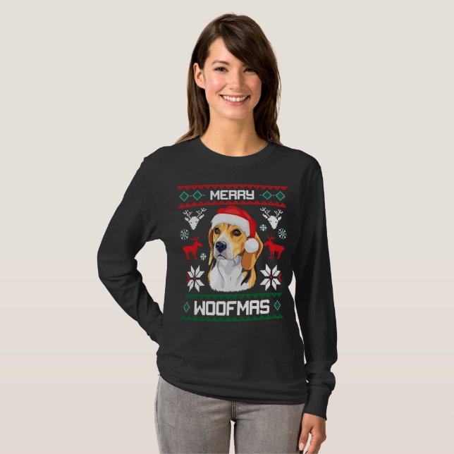 Camiseta Feliz de Cão de Beagle Woofmas Natal (Frente Completa)